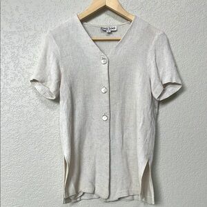 Vintage Fine Line Blouse Knit Button Down Cream Tan Size Small